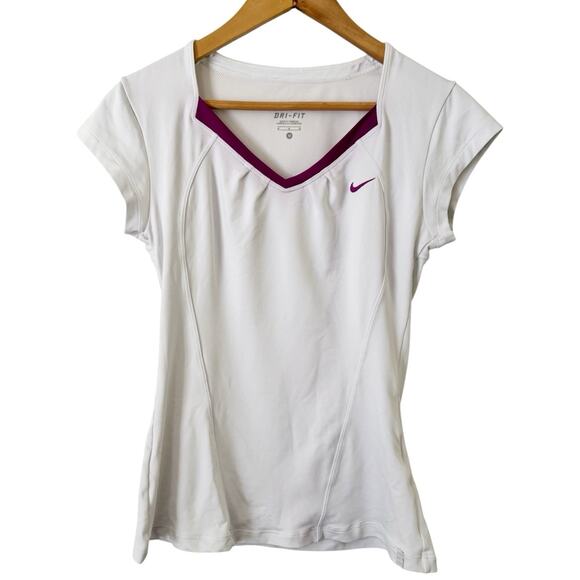 Nike White Dri Fit V Neck Slim Short Sleeve Athletic Tennis Top Women’s Medium - Picture 1 of 5